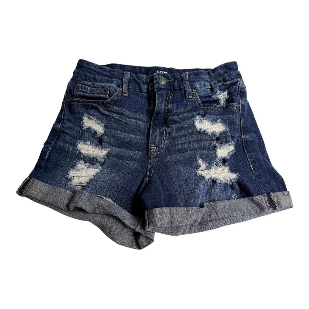 AERO Aeropostale JEAN SHORTS Womens SZ 6 (26) Distressed Blue Denim Raw Hem NWOT